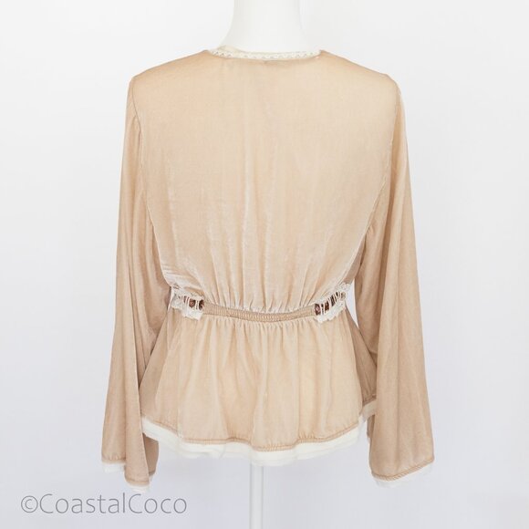 Free People Velvet Cardigan M Bell Sleeves Lace Trim Tie Ivory Boho Fairy Whimsy - Picture 4 of 13